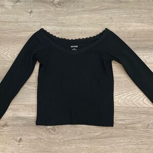 Black Pointelle Long Sleeve Top